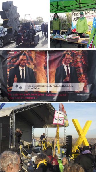 Bildeindrücke von der Lützi-Demo am 12- November 2022 mit dem Fake-Bagger sowie dem BUND-Stand- den Politiker Lügen ? und der Bühne mit dem großen gelben X